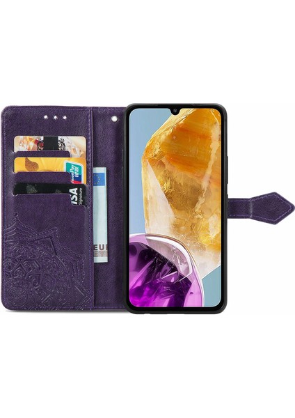 Samsung Galaxy M15 5g Pu Deri Kılıf Darbeye Dayanıklı Cep Telefonu Kapağı Kabartma Mandala Çiçek Cüzdan-Mor (Yurt Dışından)