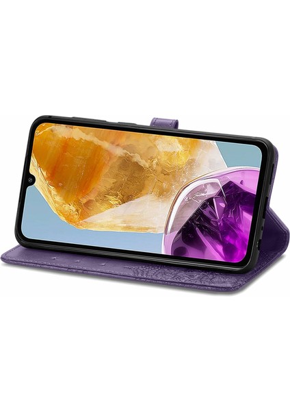 Samsung Galaxy M15 5g Pu Deri Kılıf Darbeye Dayanıklı Cep Telefonu Kapağı Kabartma Mandala Çiçek Cüzdan-Mor (Yurt Dışından)