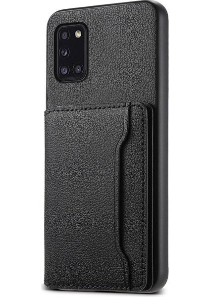 Samsung Galaxy A31 Kılıf Kart Yuvaları Kickstand Arka Telefon Kapağı Buzağı Dokulu-Siyah (Yurt Dışından)