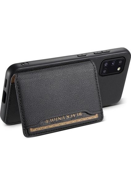 Samsung Galaxy A31 Kılıf Kart Yuvaları Kickstand Arka Telefon Kapağı Buzağı Dokulu-Siyah (Yurt Dışından)