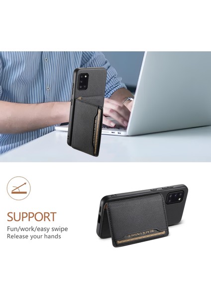 Samsung Galaxy A31 Kılıf Kart Yuvaları Kickstand Arka Telefon Kapağı Buzağı Dokulu-Siyah (Yurt Dışından)