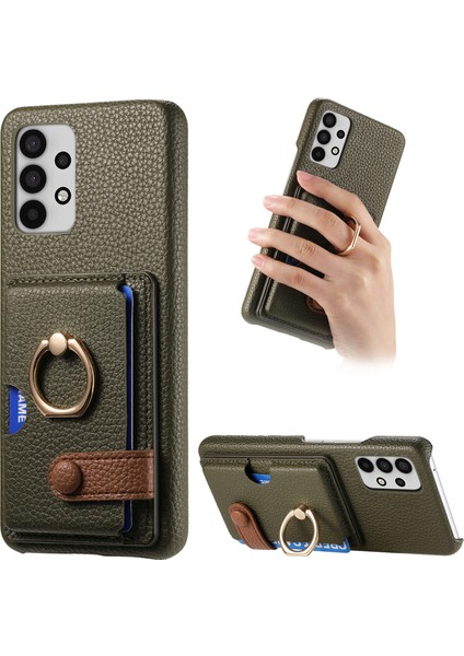 Samsung Galaxy A32 5g Kılıf Kart Tutucu Halka Kickstand Litchi Doku Telefon Kapağı-Yeşil (Yurt Dışından)
