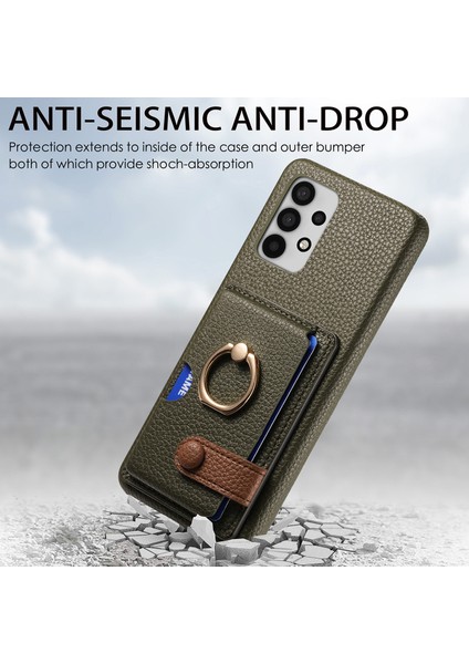 Samsung Galaxy A32 5g Kılıf Kart Tutucu Halka Kickstand Litchi Doku Telefon Kapağı-Yeşil (Yurt Dışından)
