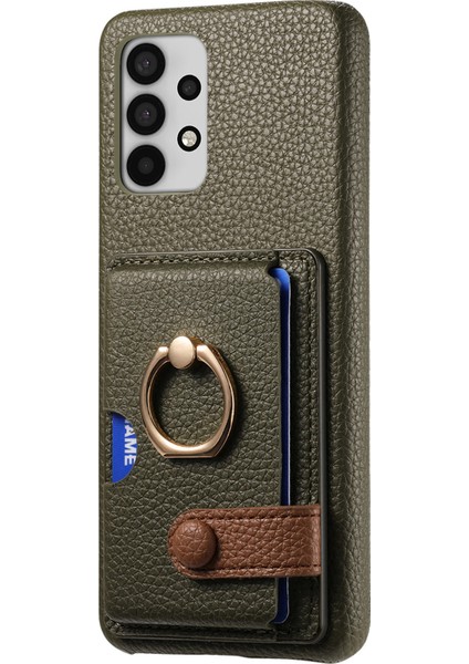 Samsung Galaxy A32 5g Kılıf Kart Tutucu Halka Kickstand Litchi Doku Telefon Kapağı-Yeşil (Yurt Dışından)
