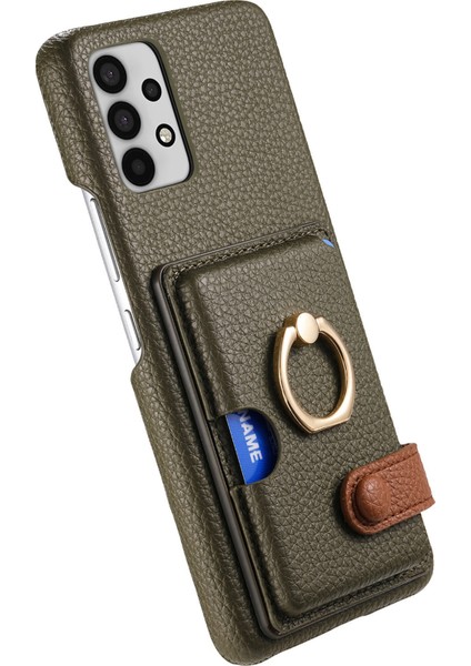 Samsung Galaxy A32 5g Kılıf Kart Tutucu Halka Kickstand Litchi Doku Telefon Kapağı-Yeşil (Yurt Dışından)