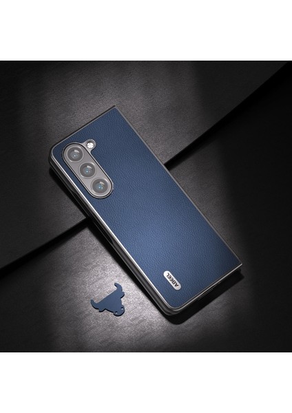 Samsung Galaxy Z Fold6 5g Kılıf Litchi Doku Sığır Derisi Deri + Pc Telefon Kapağı-Mavi (Yurt Dışından)