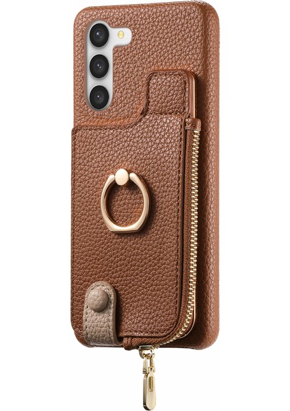 Samsung Galaxy S23+ Deri Kılıf Fermuarlı Rfıd Engellemeli Telefon Kapağı-Kahverengi (Yurt Dışından)