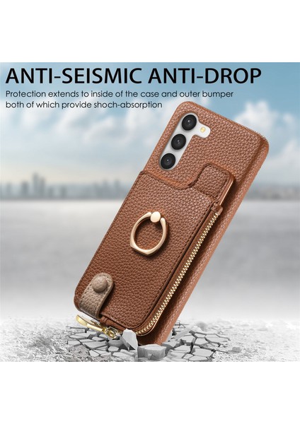 Samsung Galaxy S23+ Deri Kılıf Fermuarlı Rfıd Engellemeli Telefon Kapağı-Kahverengi (Yurt Dışından)