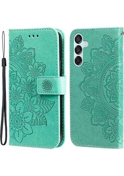 Samsung Galaxy M15 5g Kılıf Çiçek Desenli Cüzdan Standlı Pu Deri Telefon Kılıfı-Yeşil (Yurt Dışından)