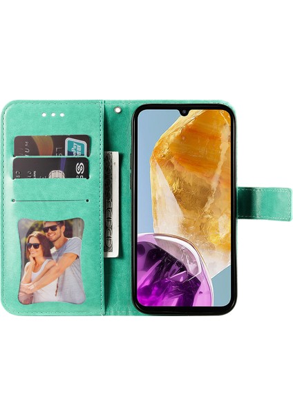 Samsung Galaxy M15 5g Kılıf Çiçek Desenli Cüzdan Standlı Pu Deri Telefon Kılıfı-Yeşil (Yurt Dışından)