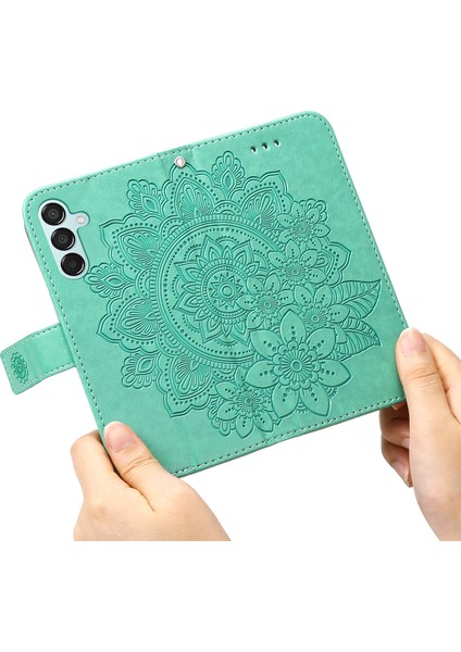 Samsung Galaxy M15 5g Kılıf Çiçek Desenli Cüzdan Standlı Pu Deri Telefon Kılıfı-Yeşil (Yurt Dışından)