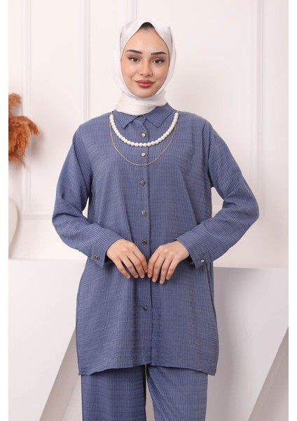 İndigo Kolyeli Çizgili Tunik Pantolon Takım modelleri
