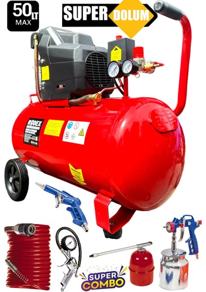 Yüksek Performanslı %100 Bakır Sargılı Orjinal Rodex Serisi 50LT 2hp Hızlı Dolum Hava Kompresörü