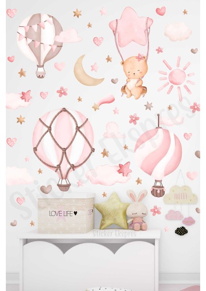 Sevimli Ayıcık ve Pembe Balonlar Çocuk Odası Duvar Sticker Seti