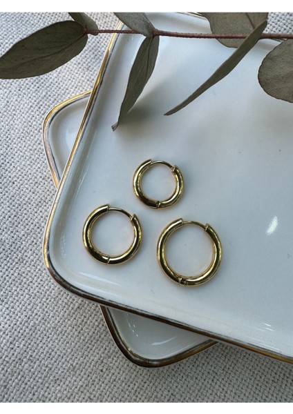 Kalın Halka 3'lü Set Çelik Küpe (Gold)