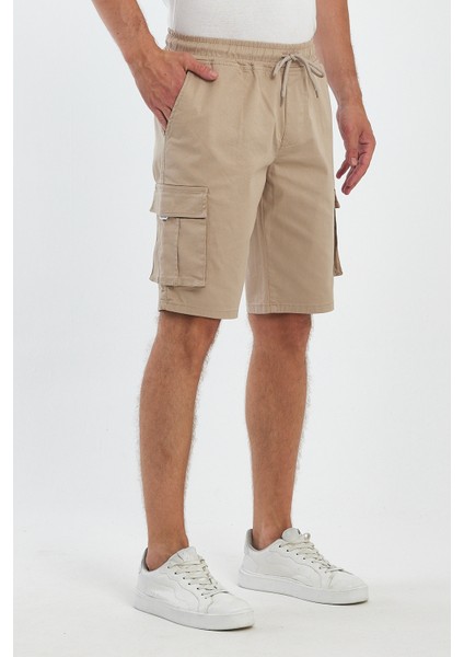 Theseason Erkek Kargo Cepli Beli Lastikli Comfort Fit Pamuklu Esnek Kum Beji Şort