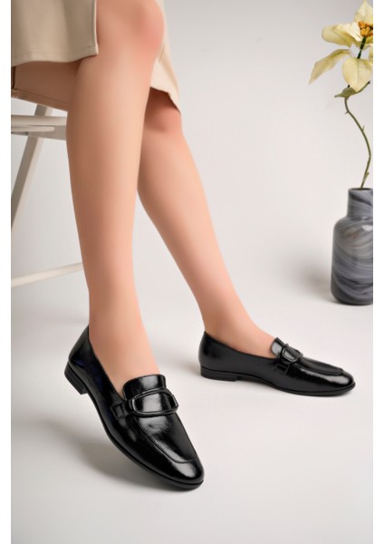 Kadın Deri Siyah Rugan Babet