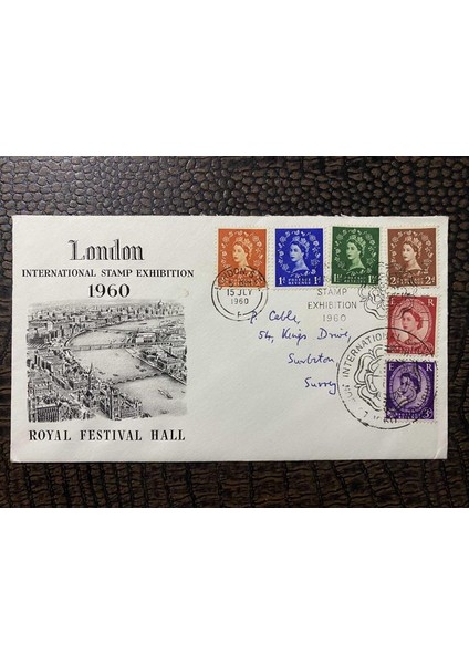 Ingiltere London International Stamp Exhibition Kraliçe Pullu 1960 Özel Gün Damgalı Zarf Uluslararası Pul Sergisine Ait Damga Postadan Gemçiş