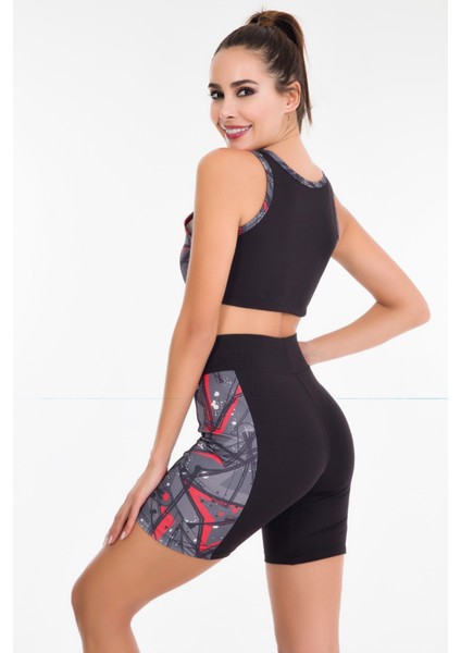 Kırmızı - Siyah Renk Lady 4013 Kadın Kısa Tayt Büstiyer Spor Takım modelleri