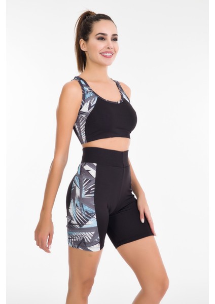 Mavi - Siyah Renk Lady 4009 Kadın Kısa Tayt Büstiyer Spor Takım