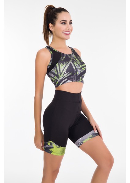 Siyah - Yeşil Renk Lady 4010 Kadın Kısa Tayt Büstiyer Spor Takım