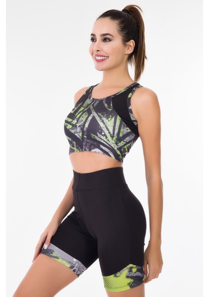 Siyah - Yeşil Renk Lady 4010 Kadın Kısa Tayt Büstiyer Spor Takım modelleri