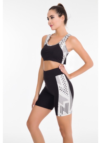 Siyah - Beyaz Renk Lady 4008 Kadın Kısa Tayt Büstiyer Spor Takım