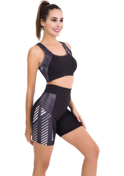 Beyaz - Siyah Renk Lady 4001 Kadın Kısa Tayt Büstiyer Spor Takım