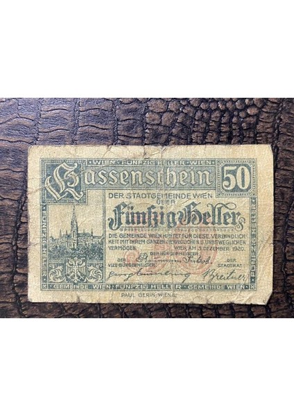 Avusturya Österreich 50 Heller Kassenschein Der Stadtgemeinde Wien (Viyana) 1920 Kleingeldnot