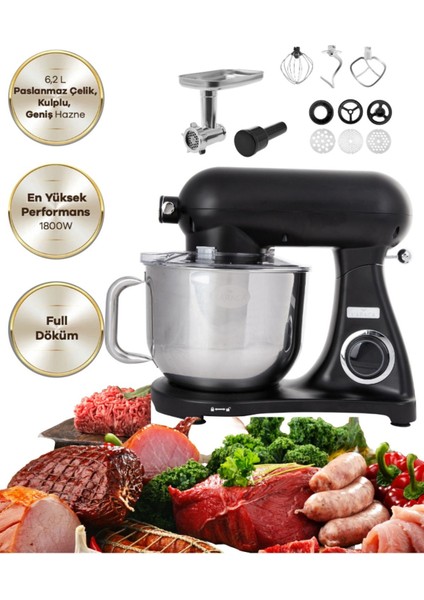 Hamur Yoğurma 1800W Güç 6,2 Lt Döküm Gövdeli Premium Mutfak Şefi + Luciole Lambader fiyatları