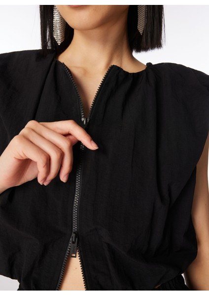 Crop Top Bisiklet Yaka Düz Örgü Desenli Siyah Kadın Gömlek C4SL-GML4003 fırsatları