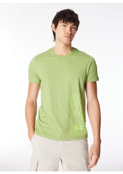 Bisiklet Yaka Baskılı Yeşil Erkek T-Shirt 24EU1M0F016P400_T-SHIRT