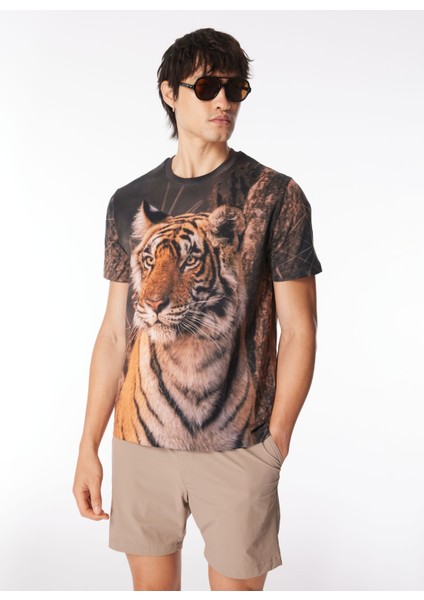 Bisiklet Yaka Baskılı Çok Renkli Erkek T-Shirt 24EU1M0F01B6324_T-SHIRT