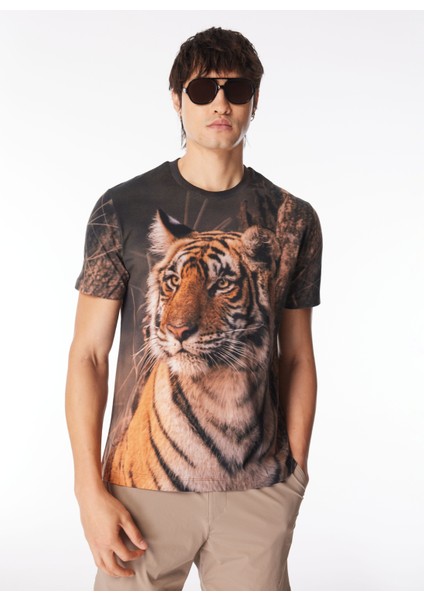 Bisiklet Yaka Baskılı Çok Renkli Erkek T-Shirt 24EU1M0F01B6324_T-SHIRT modelleri