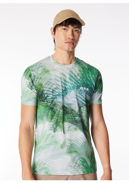 Düz Yaka Desenli Yeşil Erkek T-Shirt 24EU1M0F0116324_T-SHIRT