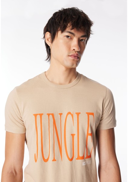 Bisiklet Yaka Baskılı Bej Erkek T-Shirt 24EU1M0F01AP400_T-SHIRT