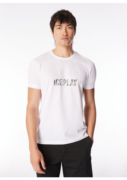 Bisiklet Yaka Baskılı Beyaz Erkek T-Shirt 24EU1P0F018P400_T-SHIRT