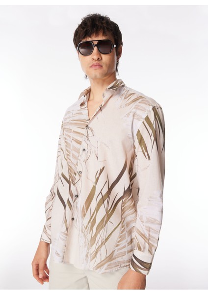 Normal Bej Desenli Erkek Gömlek 24EU1M0G091P624_SHIRT