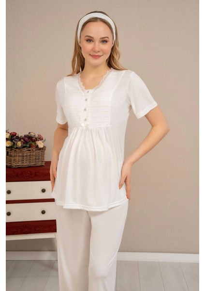 Ba-Ha 4503 Jakar Sabahlıklı Dantelli Detaylı Lohusa Pijama Takımı