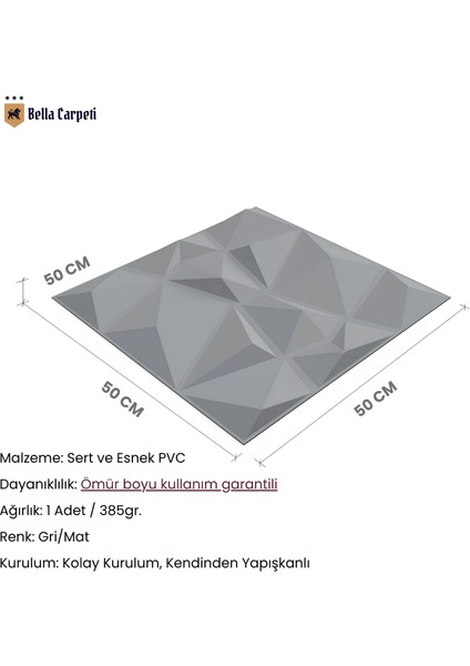 3D Kabartmalı Gri/mat Renk Yeni Nesil Yapışkanlı Pvc Duvar Kağıdı Paneli Elmas Model 50X50CM