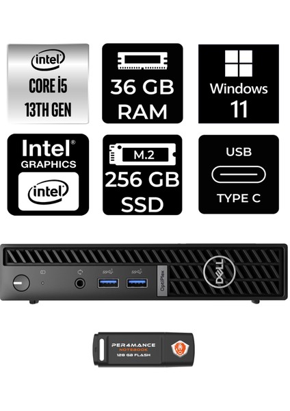 Optiplex 7010MFF Intel Core I5 13500T 36GB 256GB SSD W11H N007O7010MFF Mini Pc & Per4 USB Bellek N007O7010MFFP381