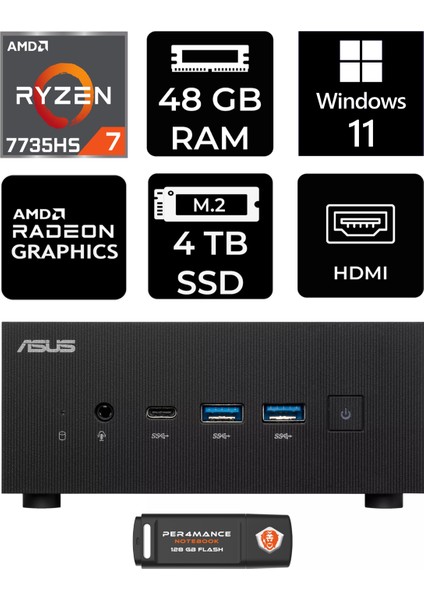 Expertcenter PN53 Amd Ryzen 7 7735HS 48GB 4tb SSD W11P Mini Pc & Per4 USB Bellek PN53P445
