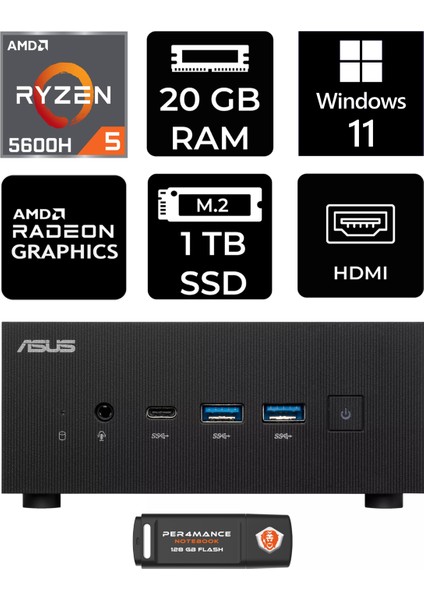 Expertcenter PN52 Amd Ryzen 5 5600H 20GB 1tb SSD W11H Mini Pc & Per4 USB Bellek PN52P1368