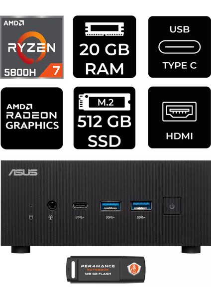 Expertcenter PN52 Amd Ryzen 7 5800H 20GB 512GB SSD Fdos Mini Pc & Per4 USB Bellek PN52P2317