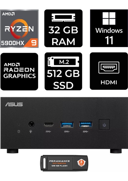 Expertcenter PN52 Amd Ryzen 9 5900HX 32GB 512GB SSD W11P Mini Pc & Per4 USB Bellek PN52P427