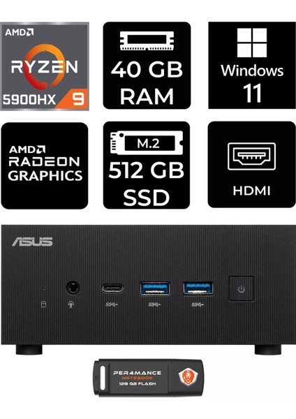 Expertcenter PN52 Amd Ryzen 9 5900HX 40GB 512GB SSD W11H Mini Pc & Per4 USB Bellek PN52P387