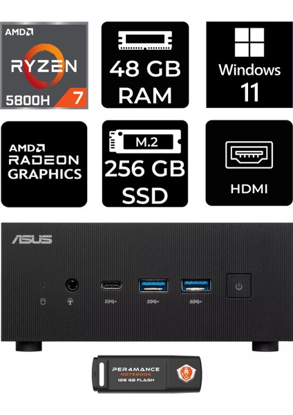 Expertcenter PN52 Amd Ryzen 7 5800H 48GB 256GB SSD W11H Mini Pc & Per4 USB Bellek PN52P2391