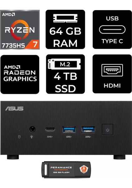 Expertcenter PN53 Amd Ryzen 7 7735HS 64GB 4tb SSD Fdos Mini Pc & Per4 USB Bellek PN53P350