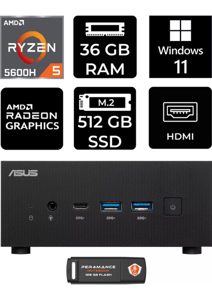 Expertcenter PN52 Amd Ryzen 5 5600H 36GB 512GB SSD W11P Mini Pc & Per4 USB Bellek PN52P1432