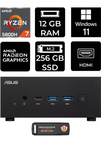 Expertcenter PN52 Amd Ryzen 7 5800H 12GB 256GB SSD W11H Mini Pc & Per4 USB Bellek PN52P2356